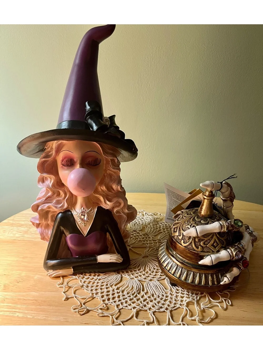 Decorative Witch Bust with Bubblegum and Skeleton Hand Bell